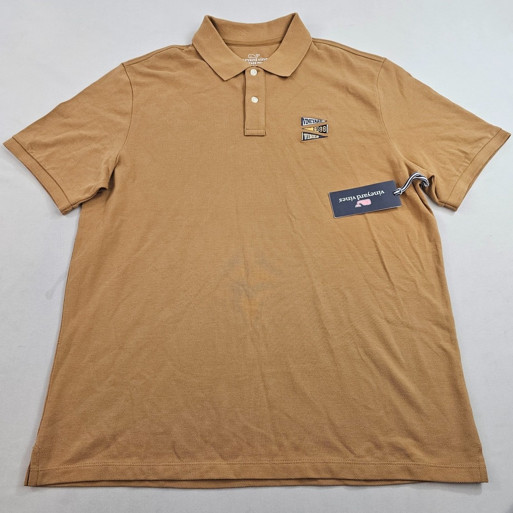 Vineyard Vines Heritage polo shirt M Medium 44" brown 3 buttons flags $98 mens